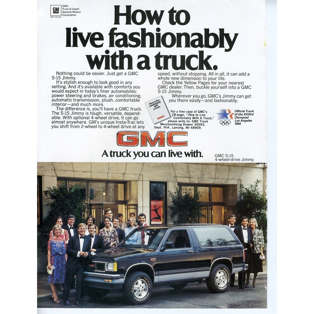 Vintage‎ 1984 Print Ad GMC Jimmy S-15 SUV Truck Fashionable Los Angeles Olympics